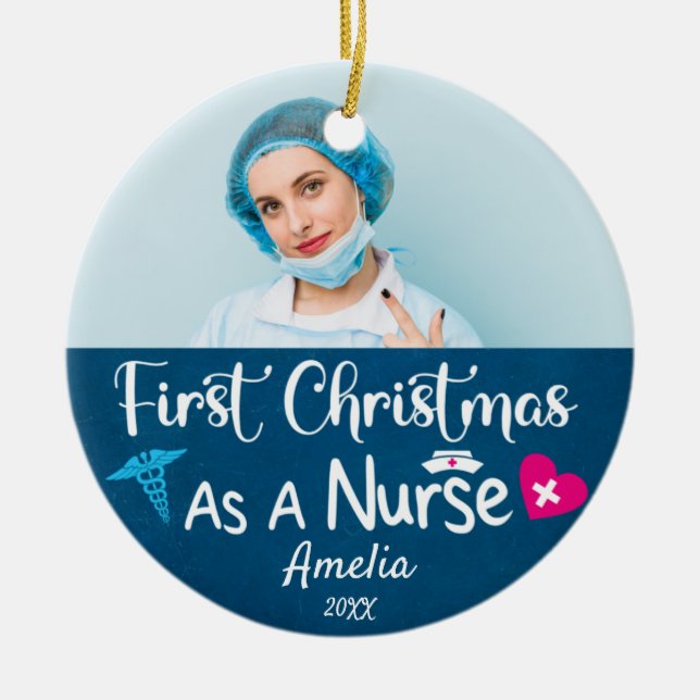 First Christmas as a Nurse Custom photo and name Ceramic Ornament (Front)