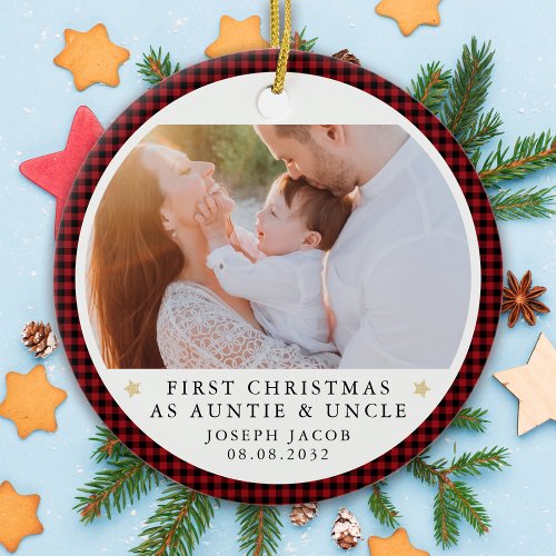First Christmas as Auntie  Uncle Photo Plaid Ceramic Ornament