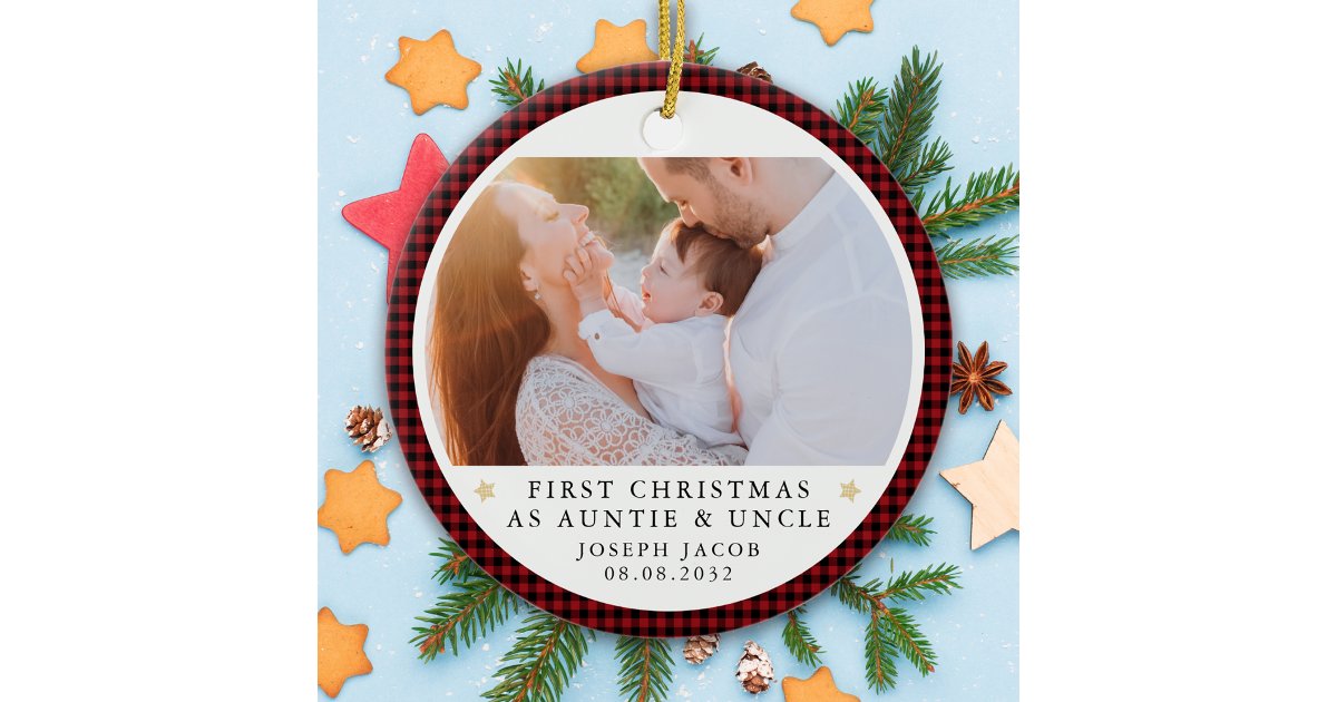 First Christmas as Auntie & Uncle Photo Plaid Ceramic Ornament | Zazzle