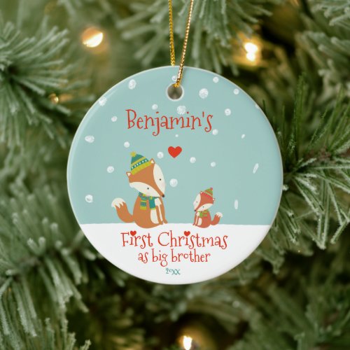 First Christmas as Big Brother Cute Foxes  Ceramic Ornament