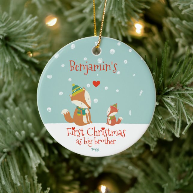 First Christmas as Big Brother, Cute Foxes  Ceramic Ornament (Tree)