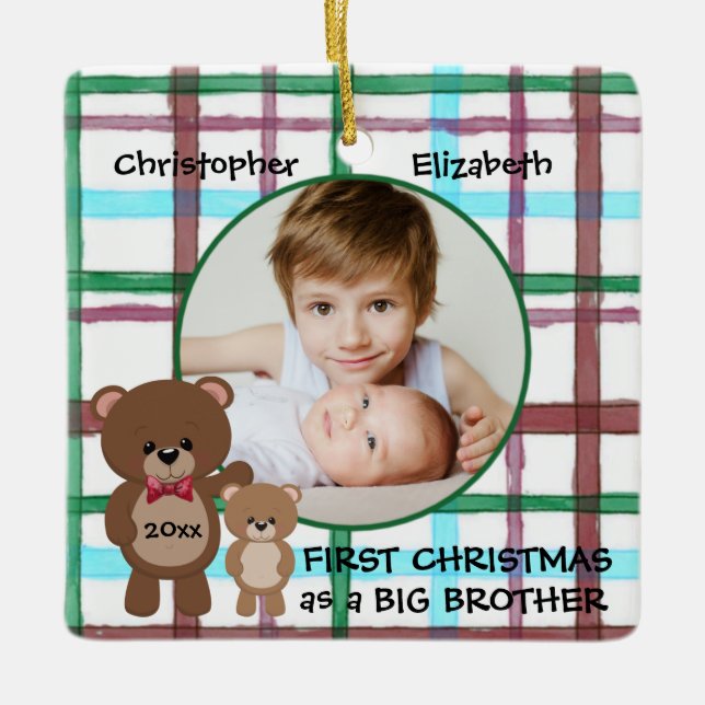 First Christmas as Big Brother Personalized Photo Ceramic Ornament (Front)