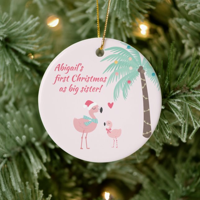 First Christmas as Big Sister Cute Santa Flamingo Ceramic Ornament (Tree)