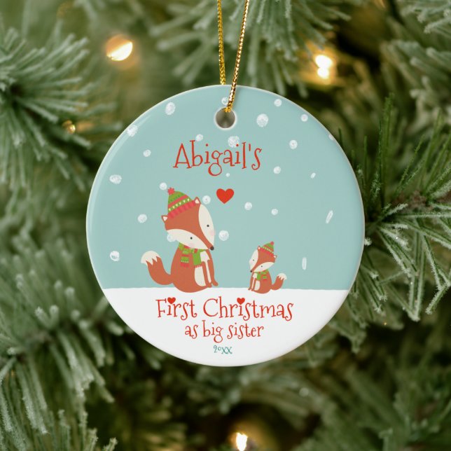 First Christmas as Big Sister, Cute Woodland Foxes Ceramic Ornament (Tree)