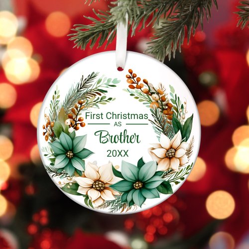 First Christmas as Brother White Green Poinsettias Ceramic Ornament