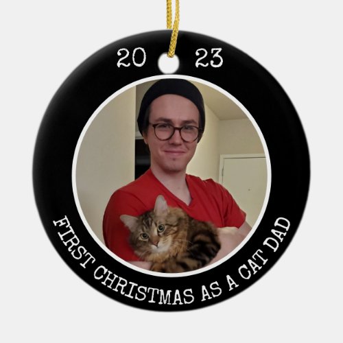 First Christmas As Cat Dad 2 Photo 2 Sided Black Ceramic Ornament