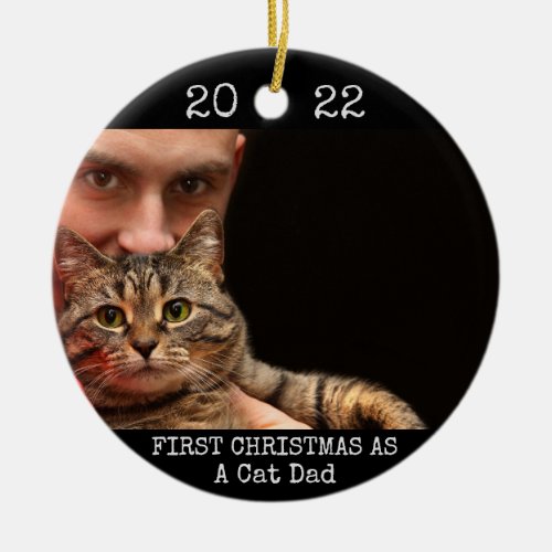 First Christmas As Cat Dad 2 Photo 2 Sided Black Ceramic Ornament