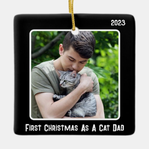 First Christmas As Cat Dad 2 Photo Black Modern Ceramic Ornament