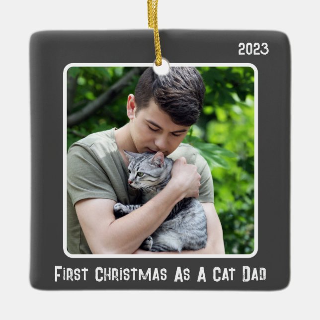 First Christmas As Cat Dad 2 Photo Gray Modern Ceramic Ornament (Front)