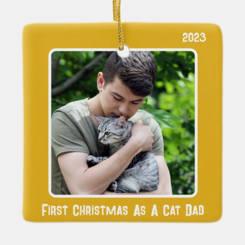 First Christmas As Cat Dad 2 Photo Mustard Yellow Ceramic Ornament