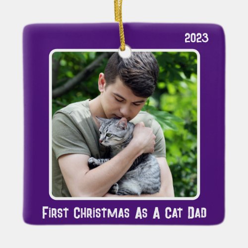 First Christmas As Cat Dad 2 Photo Purple Modern Ceramic Ornament