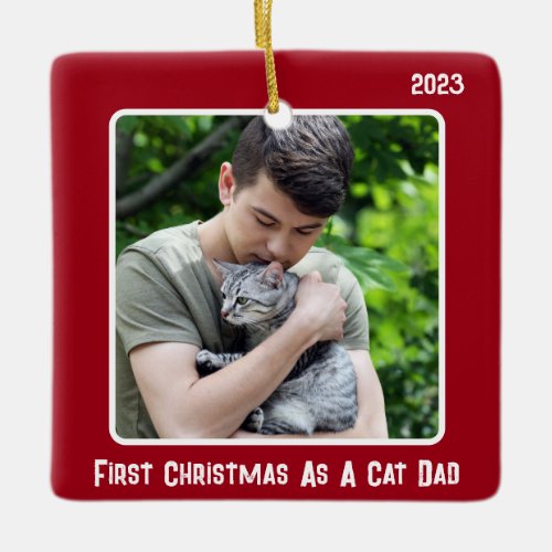 First Christmas As Cat Dad 2 Photo Red Modern Ceramic Ornament