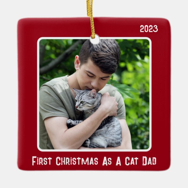First Christmas As Cat Dad 2 Photo Red Modern Ceramic Ornament (Front)
