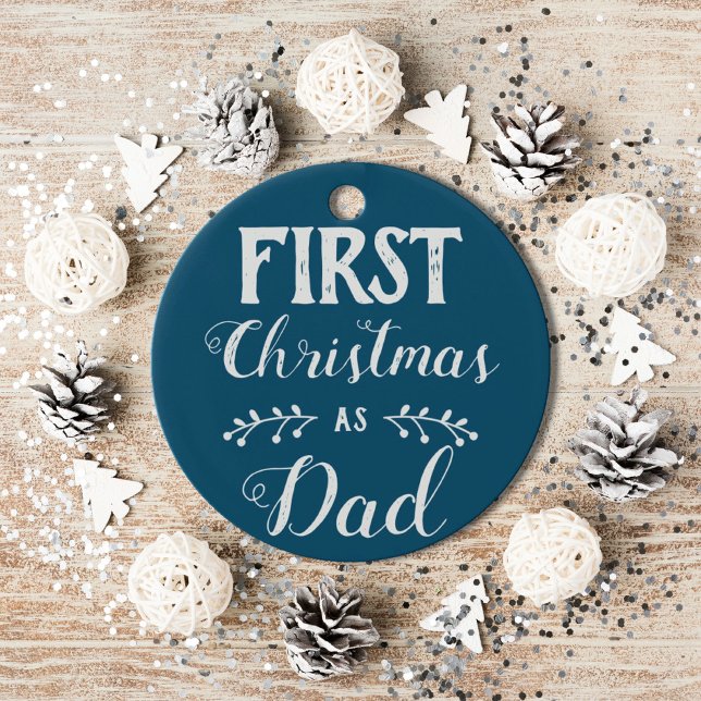 First Christmas as Dad blue with baby's photo Ceramic Ornament (Creator Uploaded)