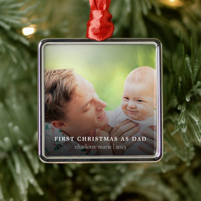 First Christmas As Dad Elegant Photo Holiday Metal Ornament (Tree)