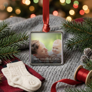 First Christmas As Dad Elegant Photo Holiday Metal Ornament