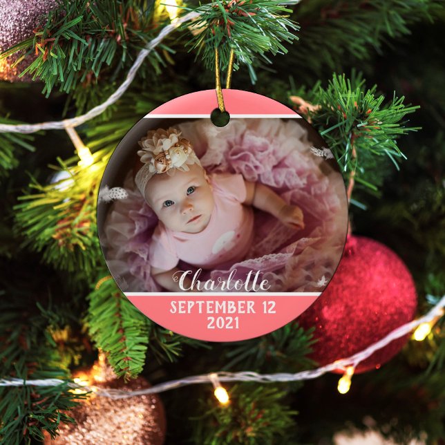 First Christmas as Dad pink with baby's photo Ceramic Ornament (Creator Uploaded)