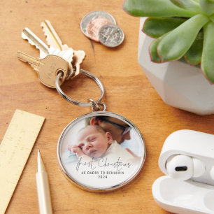 First Christmas As Daddy Name Photo Overlay Keychain