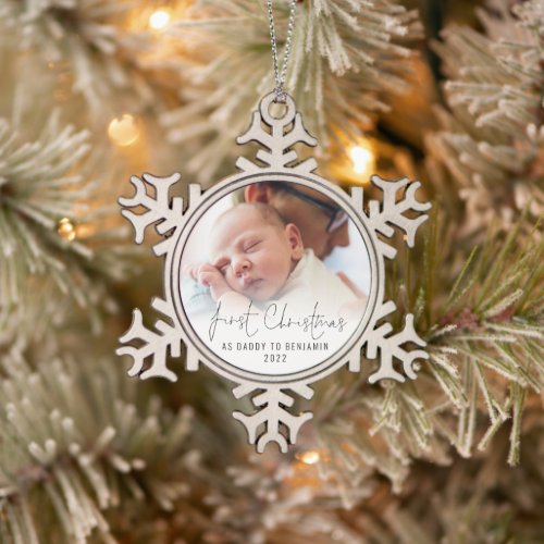  First Christmas As Daddy Name Photo Overlay Snowflake Pewter Christmas Ornament
