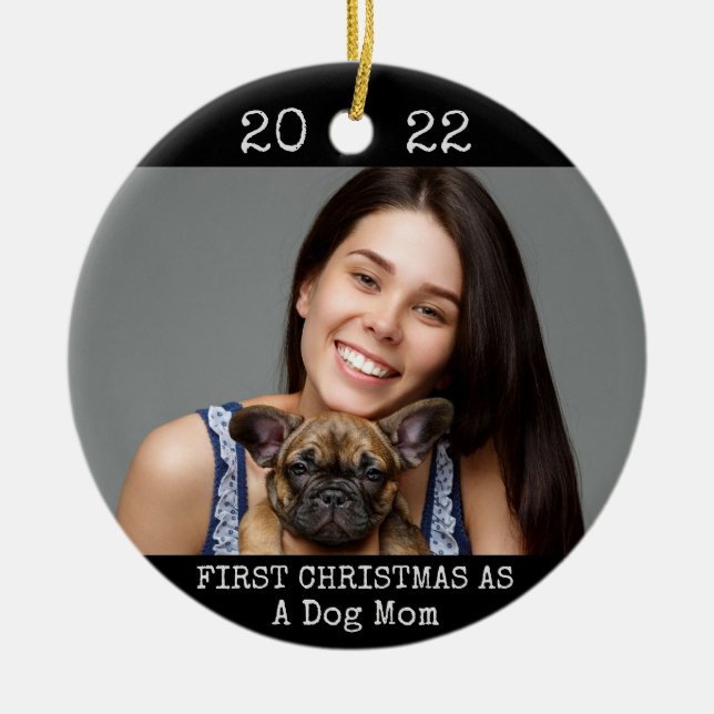 First Christmas As Dog Mom 2 Photo 2 Sided Black  Ceramic Ornament (Front)
