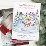 First Christmas as Family of 3 Merry Snowmen Baby Announcement<br><div class="desc">Photo Christmas card announcing birth of new baby. The wording reads "Our First Christmas as a family of three!" (which you can edit to family of four, five, six as appropriate), followed by your personalized christmas greeting. This watercolor design features 3 cute snowmen with a backdrop of christmas trees. The...</div>