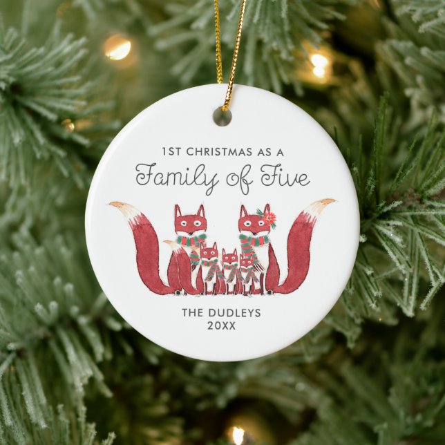 First Christmas as Family of 5 Personalized Foxes Ceramic Ornament (Tree)