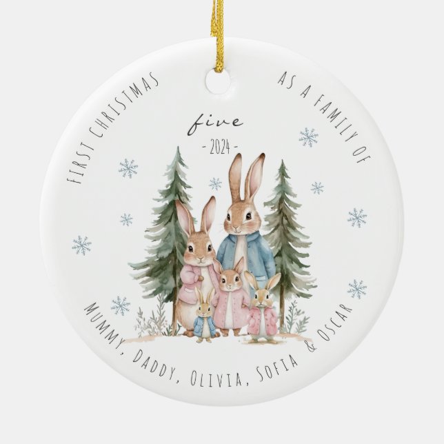 First Christmas As Family of Five Rabbit Ceramic Ornament (Back)