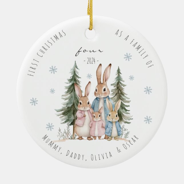 First Christmas As Family of Four Rabbit Ceramic Ornament (Back)