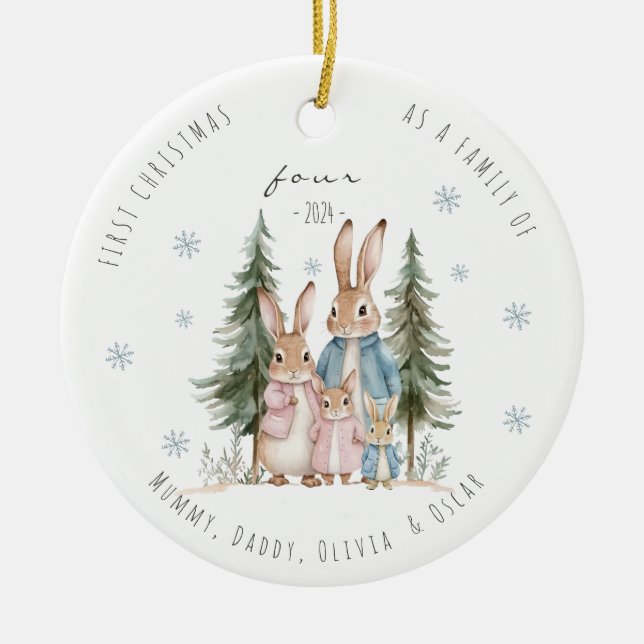 First Christmas As Family of Four Rabbit Ceramic Ornament (Front)