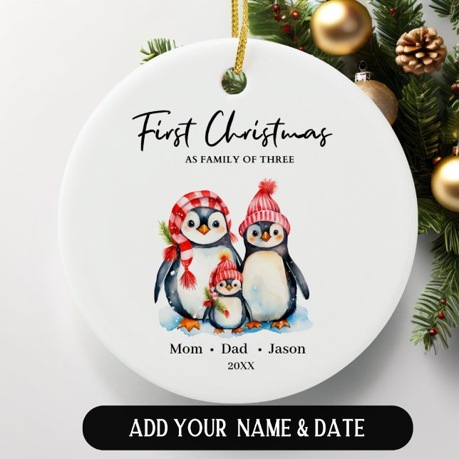 First Christmas as Family Of Three Penguins Ceramic Ornament (Creator Uploaded)