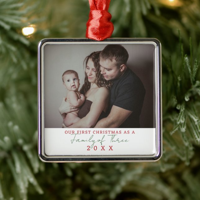 First Christmas As Family of Three Photo Metal Ornament (Tree)