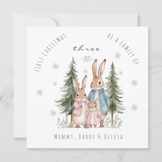 First Christmas As Family of Three Rabbit Holiday Card (Front)