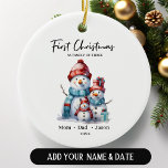 First Christmas as Family Of Three Snowmen Ceramic Ornament<br><div class="desc">Celebrate your first holiday season as a family of three with our adorable First Christmas as Family of Three Snowmen Ceramic Ornament! This charming ornament is the perfect way to commemorate your growing family and add a touch of festive cheer to your Christmas tree. Featuring a trio of happy snowmen...</div>