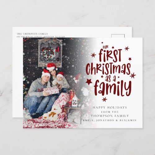 First Christmas As Family Photo Burgundy Text Holiday Postcard