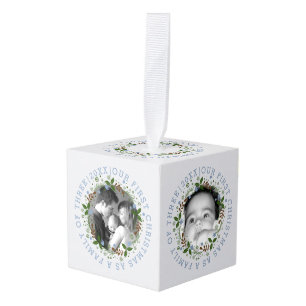 First Christmas as family wreath dusty blue photo Cube Ornament