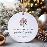 First Christmas as Grandma and Grandpa | Elegant Ceramic Ornament<br><div class="desc">This simple yet stylish holiday ornament says "first Christmas as grandma and grandpa" along with their names and year in modern text and script. An elegant red and white Christmas floral bouquet with poinsettias and green leaves decorates the white background. A gorgeous keepsake for anyone who first welcomed a grandchild...</div>