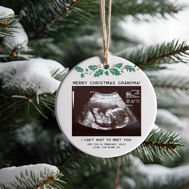 First Christmas as Grandma Baby Scan Announcement Ceramic Ornament (Christmas circle Baby Reveal Sonogram Ceramic Ornamic Grandma Keepsake)