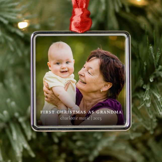 First Christmas As Grandma Elegant Photo Holiday Metal Ornament (Tree)