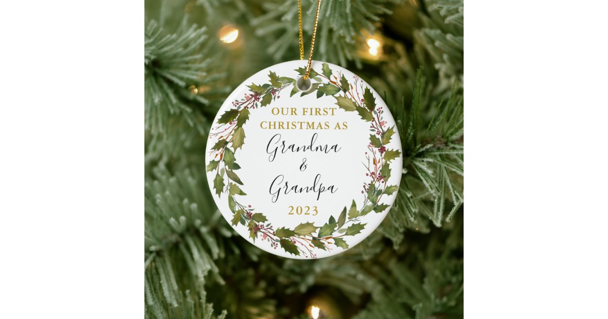 First Christmas as Grandma & Grandpa Custom Photo Ceramic Ornament | Zazzle