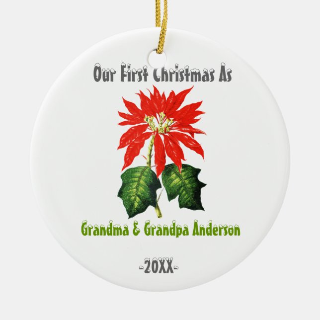 First Christmas As Grandma Grandpa Poinsettia Ceramic Ornament (Front)