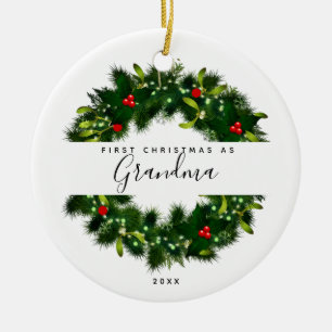 First Christmas As Grandma Modern Wreath Custom Ceramic Ornament