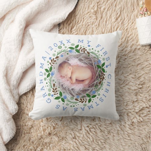 First Christmas as grandma of a boy wreath blue Throw Pillow