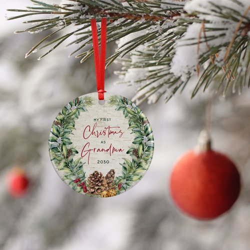 First Christmas as Grandma Pine Wreath Birch Photo Ceramic Ornament