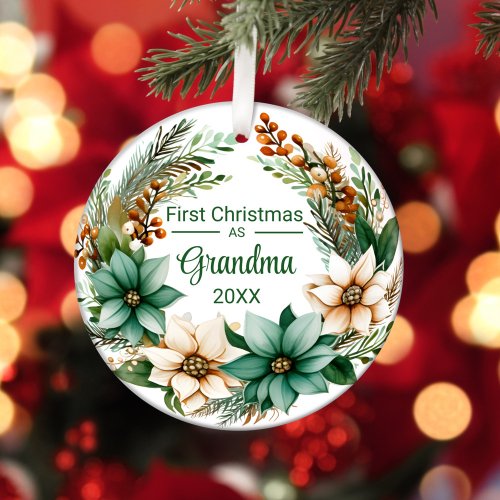 First Christmas as Grandma White Green Poinsettias Ceramic Ornament