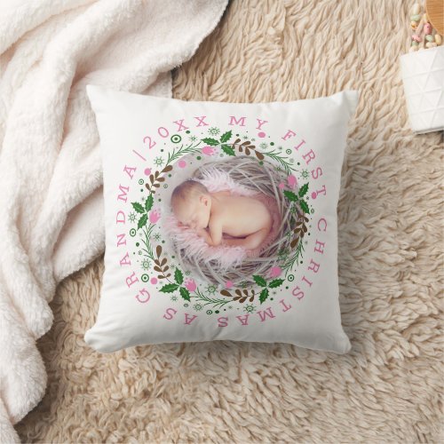 First Christmas as grandma wreath pink Throw Pillow