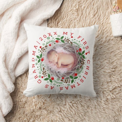 First Christmas as grandma wreath red Throw Pillow