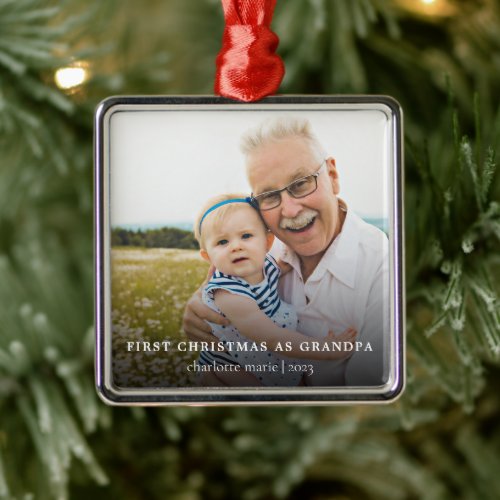 First Christmas As Grandpa Elegant Photo Holiday Metal Ornament