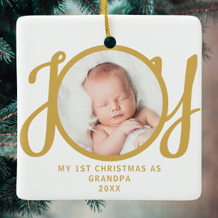 First Christmas As Grandpa Photo Gold Script Ceramic Ornament