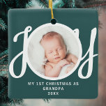 First Christmas As Grandpa Photo Keepsake Green Ceramic Ornament<br><div class="desc">This keepsake,  "First Christmas As Grandpa" photo ornament,  is decorated with the word 'JOY' in stylish script typography on a green background. Easily customizable.</div>