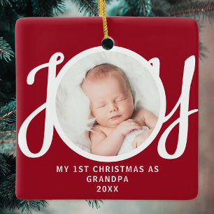 First Christmas As Grandpa Photo Keepsake Red  Ceramic Ornament